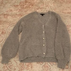 Gray fuzzy pearl cardigan